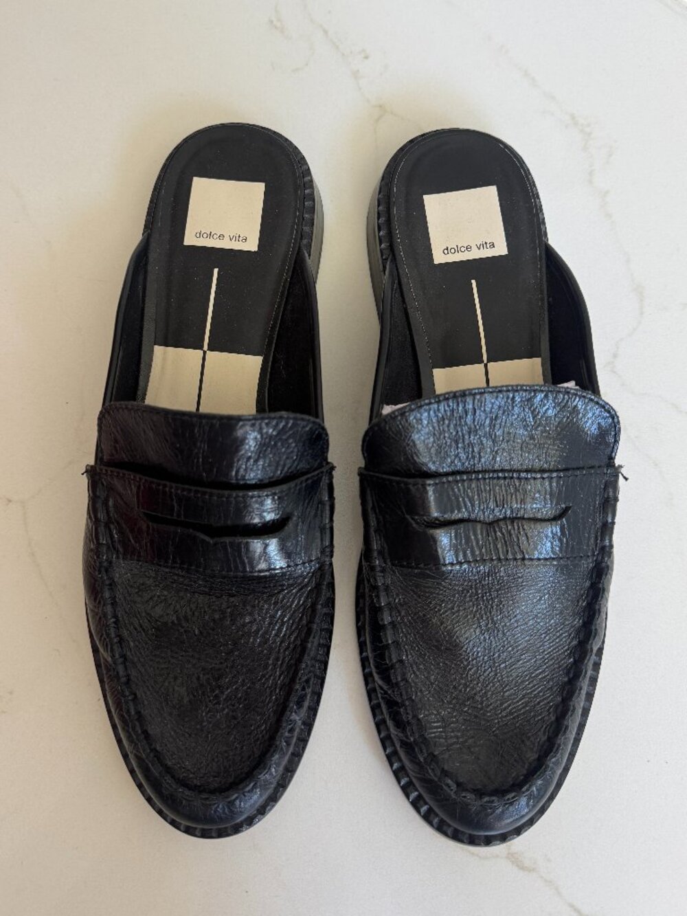 Dolce Vita Black Crinkle Leather Penny Loafer Mules | Size 8.5 | Worn Once 🖤